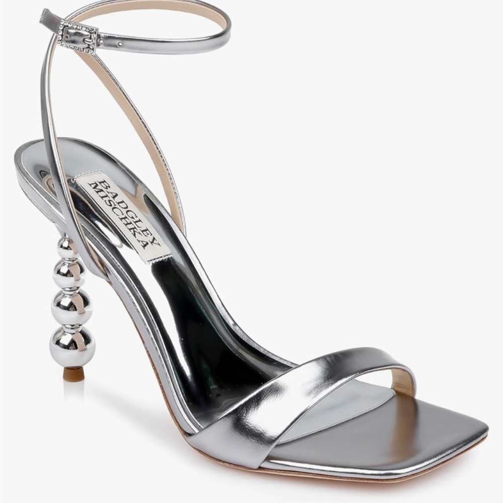 Badgley Mischka Silver Metallic Beaded-Heel Ankle-Strap Sandals